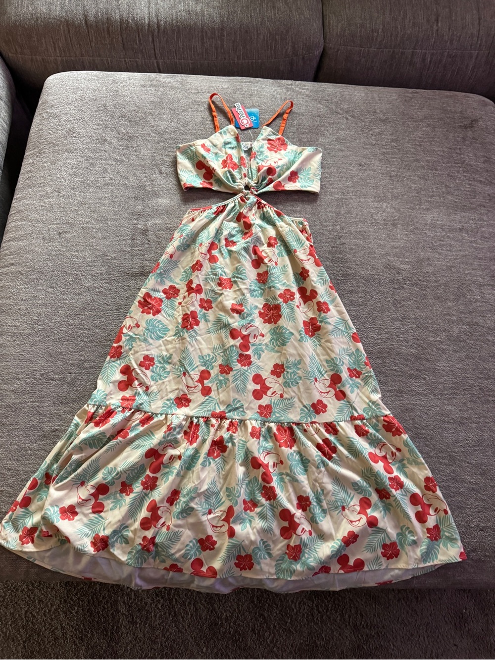 Disney Cream Maxi Dress with Red Floral & Teal Leaf Print